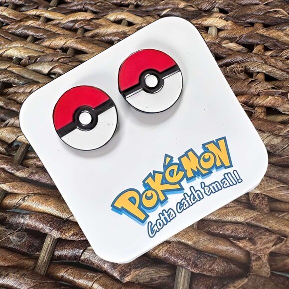 New Handmade "Gotta Catch 'Em All" Poké Ball Stud Earrings (0.75” diameter) - Picture 2 of 2